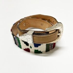 Circle Y of Yoakum Womens Leather Hand Woven Silvertone Boho Buckle Belt Size 26